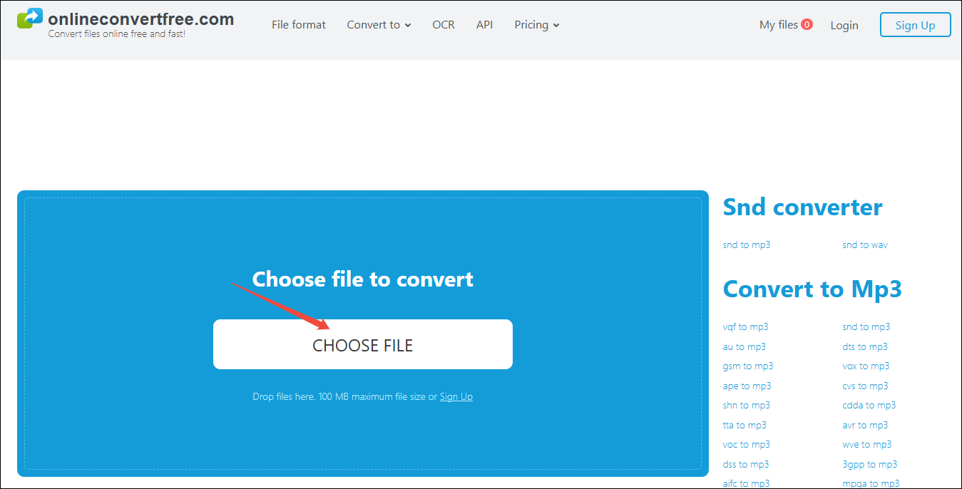 Click on CHOOSE FILE in OnlineConvertFree to import your SND file