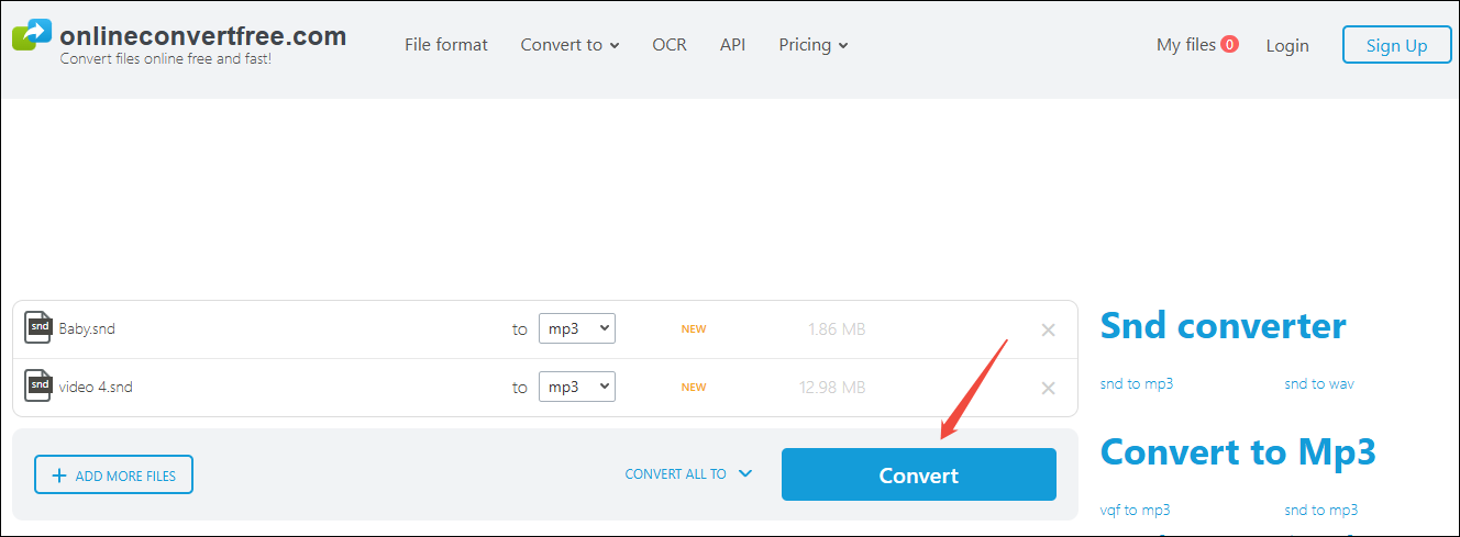Click on Convert in OnlineConvertFree to start the conversion from SND to MP3