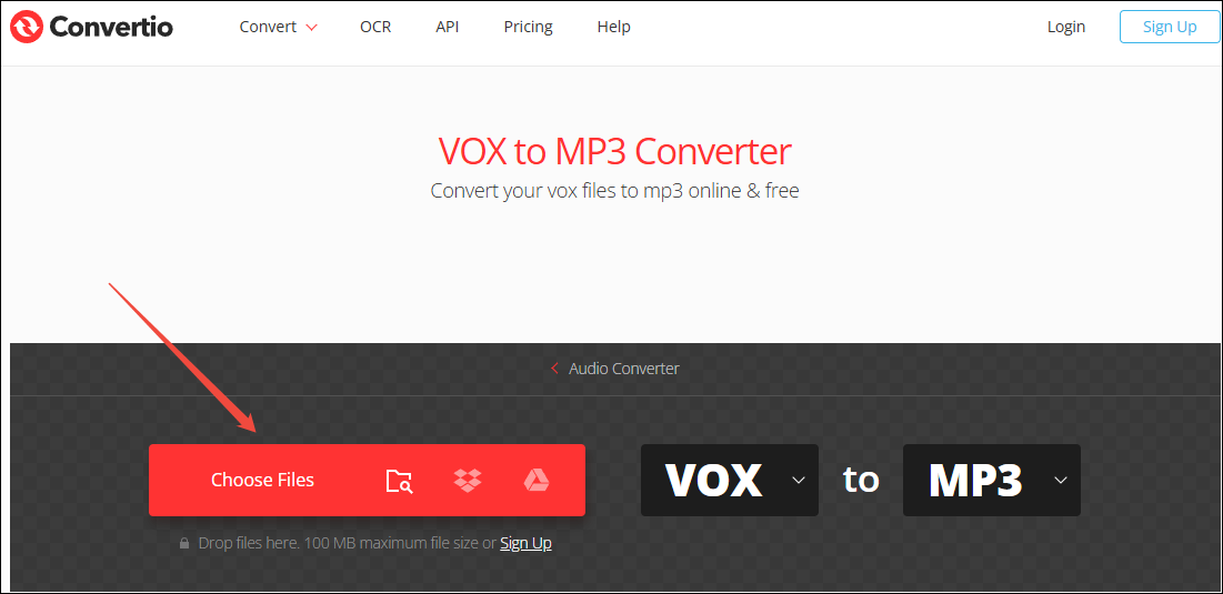 Click on Choose Files in Convertio to upload your VOX files