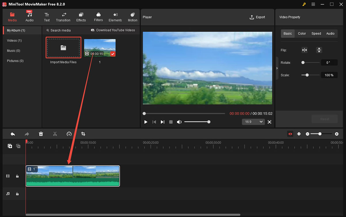 Click Import Media Files to import the target video into MiniTool Video Converter and then directly drag and drop it onto the timeline