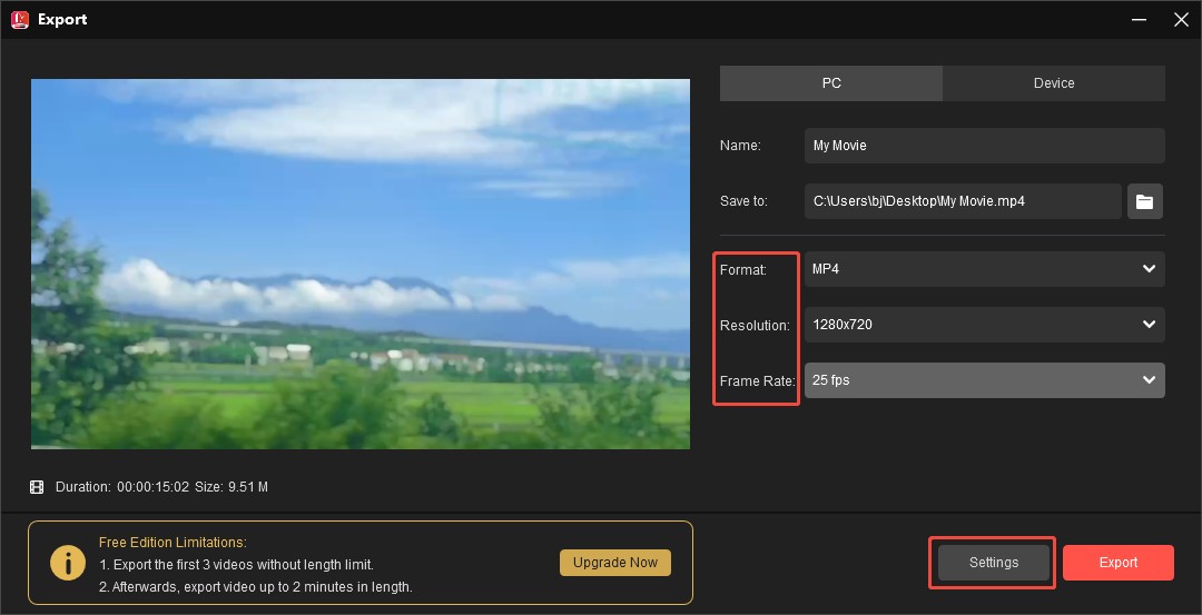Adjust the output format, resolution, frame rate, and other parameters on the Export window of MiniTool MovieMaker