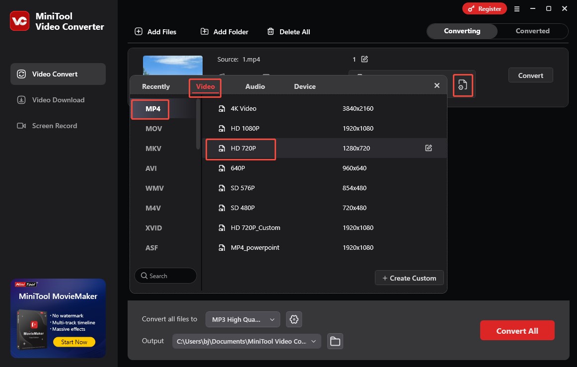 Click the Output Settings icon and choose MP4 HD 720P in MiniTool Video Converter