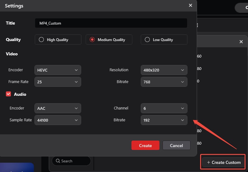 Click Create Custom to adjust other format parameters in MiniTool Video Converter