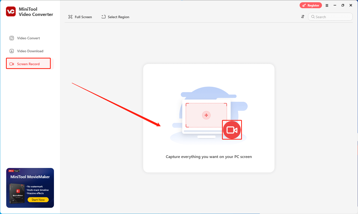 zum Öffnen des MiniTool Screen Recorders klicken Sie in MiniTool Video Converter auf den mittleren Bereich