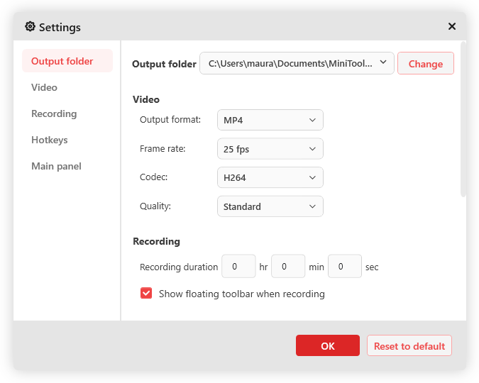 Klicken Sie im MiniTool Screen Recorder auf das Zahnradsymbol, um das Einstellungsfenster zu öffnen und die Parameter wie Framerate, Codec, Qualität zu ändern