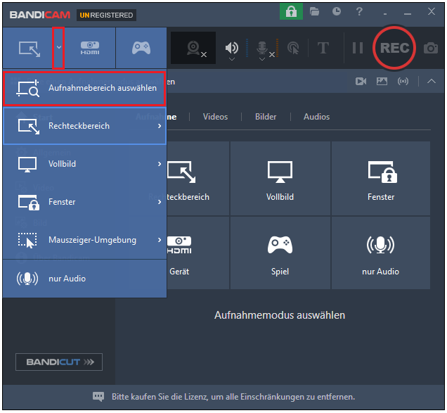 klicken Sie in Bandicam oben links auf den Pfeil und wählen Sie die Option „Aufnahmebereich auswählen“ aus dem Dropdown-Menü