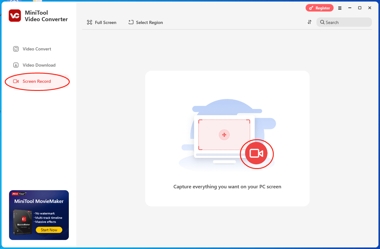 klicken Sie in MiniTool Video Converter auf den mittleren Bereich, um MiniTool Screen Recorder aufzurufen