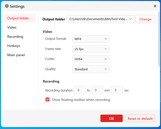Speicherort, Ausgabeformat, Bildrate, Codec, Qualität und andere Parameter der Aufzeichnungen im Einstellungsfenster anpassen