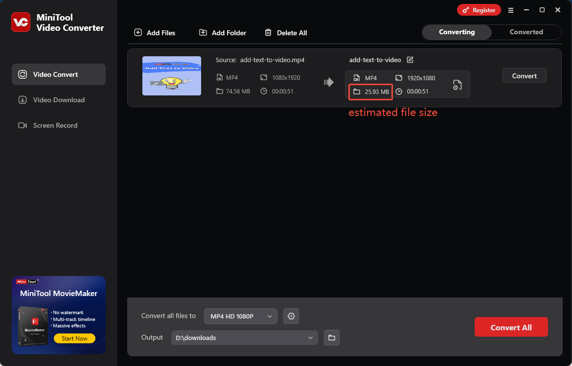 Estimated file size before the format conversion in MiniTool Video Converter