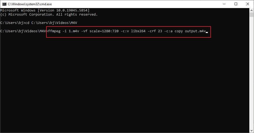 Enter the target command for changing resolution in the Command Prompt window