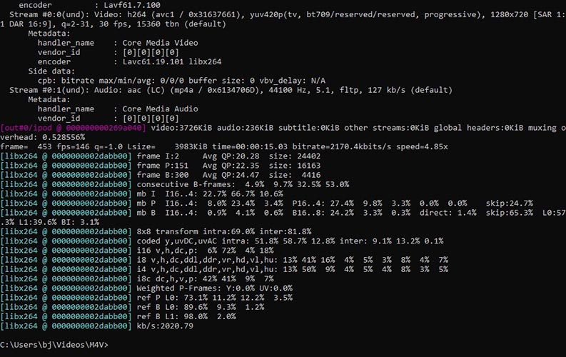 Successful screen for changing resolution with FFmpeg in the Command Prompt window