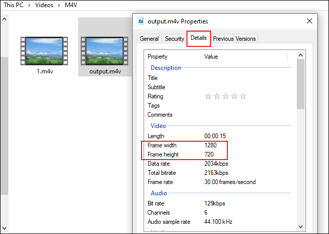 Right-click on the target video and choose Properties to check the video resolution under the Details tab