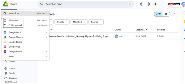 Click on + New and choose File upload or Folder upload to upload the compressed Google Drive video