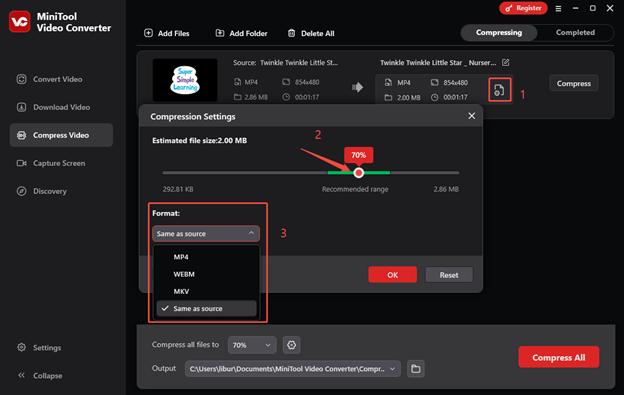 Click Settings, drag the red circle to adjust compression range, and choose the output format in MiniTool Video Converter
