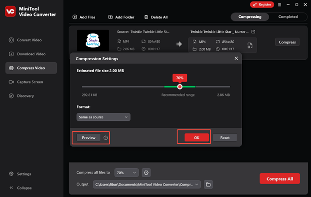 Click Preview to check out the output video quality and click on OK to save the changes in MiniTool Video Converter