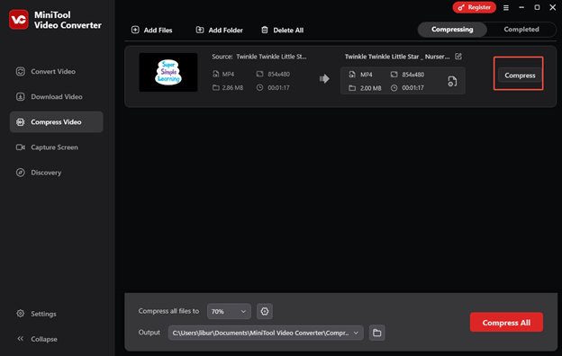 Click on Compress to start compressing the Google Drive video in MiniTool Video Converter