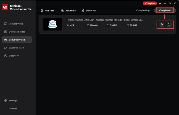 Click on play to watch the compressed video, or click on the folder to locate it in MiniTool Video Converter