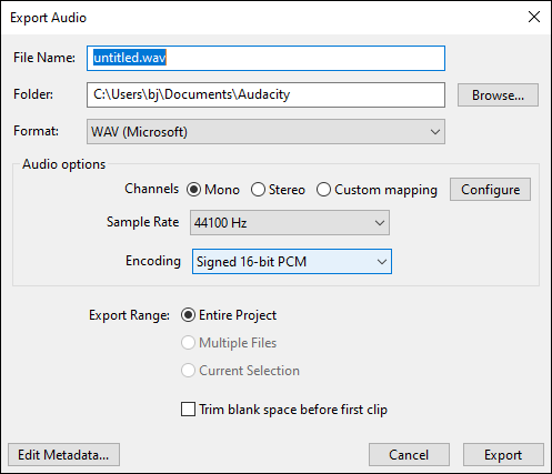 Customize the export settings for the recorded iHeartRadio audio in Audacity