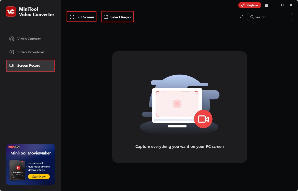 Go to Screen Record to choose Full Screen or Select Region in MiniTool Video Converter
