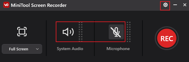 Specify the audio you want to record and click the Settings icon to adjust other recording settings on the MiniTool Screen Recorder panel