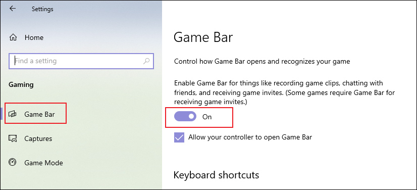 Enable Xbox Game Bar in Windows 10 Settings