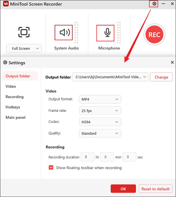 Specify the audio source and click the Settings icon to adjust other recording settings in MiniTool Screen Recorder