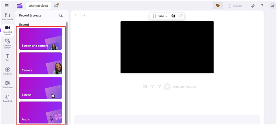 The 4 recording options in Clipchamp