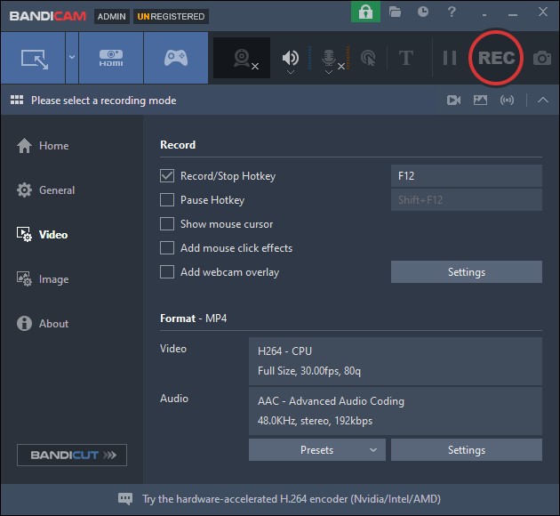 The main interface of Bandicam