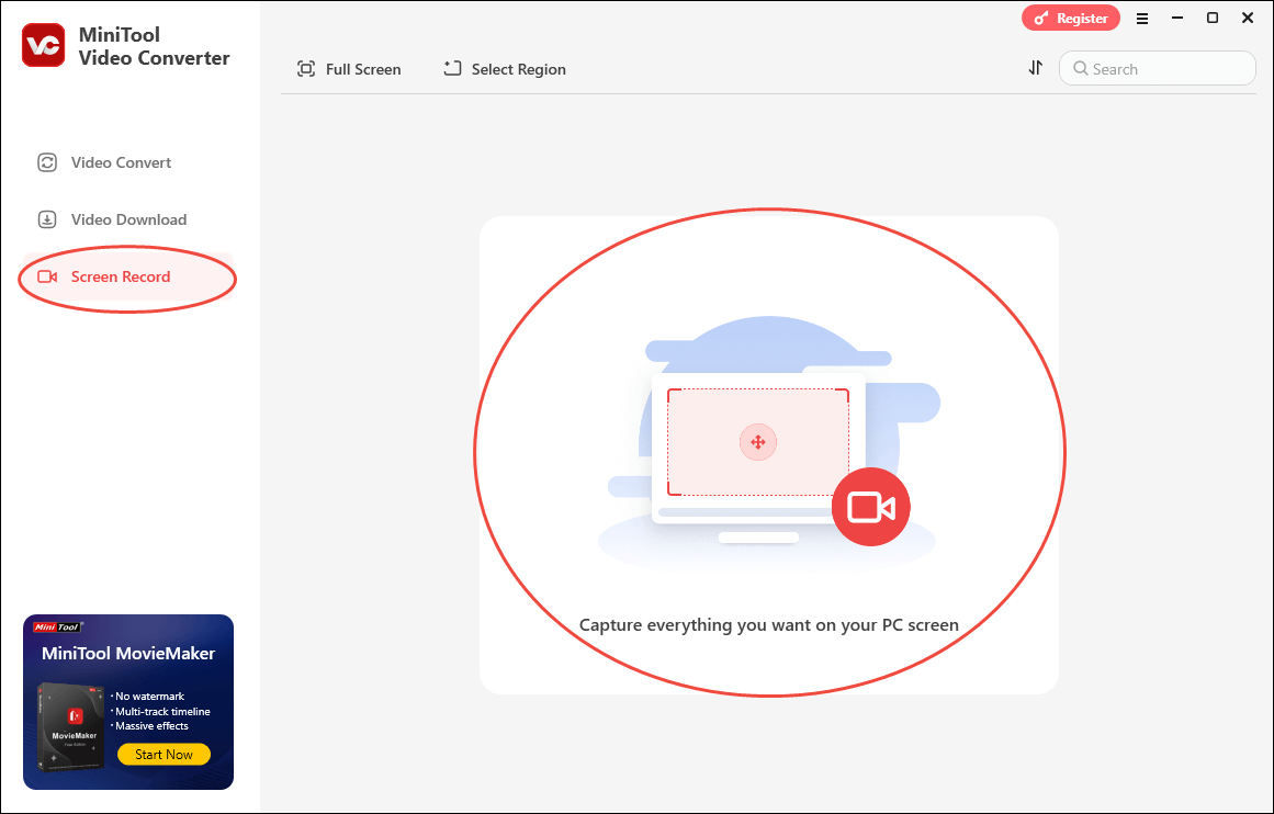 Click on the middle region in the Screen Record tab of MiniTool Video Converter to enable MiniTool Screen Recorder
