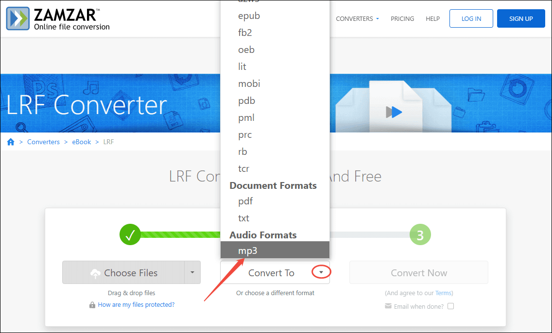 Expand the Convert To option in Zamzar and choose MP3 as the output format