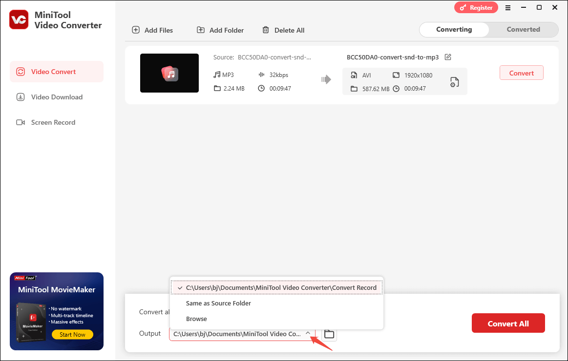 Expand the Output option in MiniTool Video Converter to choose a saving path for the output file