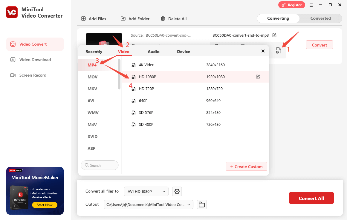 Click on Settings in MiniTool Video Converter and choose MP4 HD 1080P as the output format