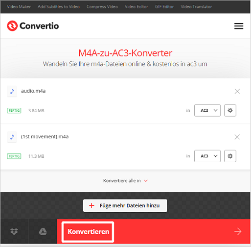 klicken Sie in Convertio auf „Konvertieren“, um den Konvertierungsvorgang zu starten
