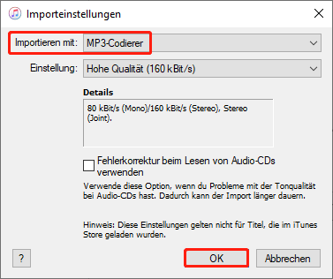 Fenster „Importeinstellungen“ in iTunes öffnen und „MP3-Codierer“ aus dem Dropdown-Menü „Importieren mit“