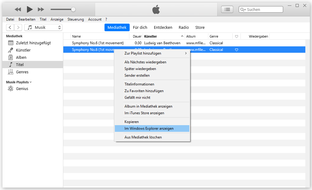 klicken Sie in iTunes mit der rechten Maustaste auf die MP3-Datei und dann auf die Option „Im Windows Explorer anzeigen“
