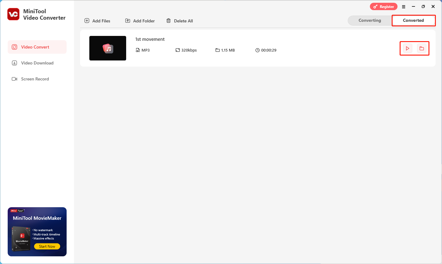 Klicken Sie in MiniTool Video Converter auf der Registerkarte „Konvertiert“ auf das Wiedergabesymbol, um die konvertierte Datei zu überprüfen
