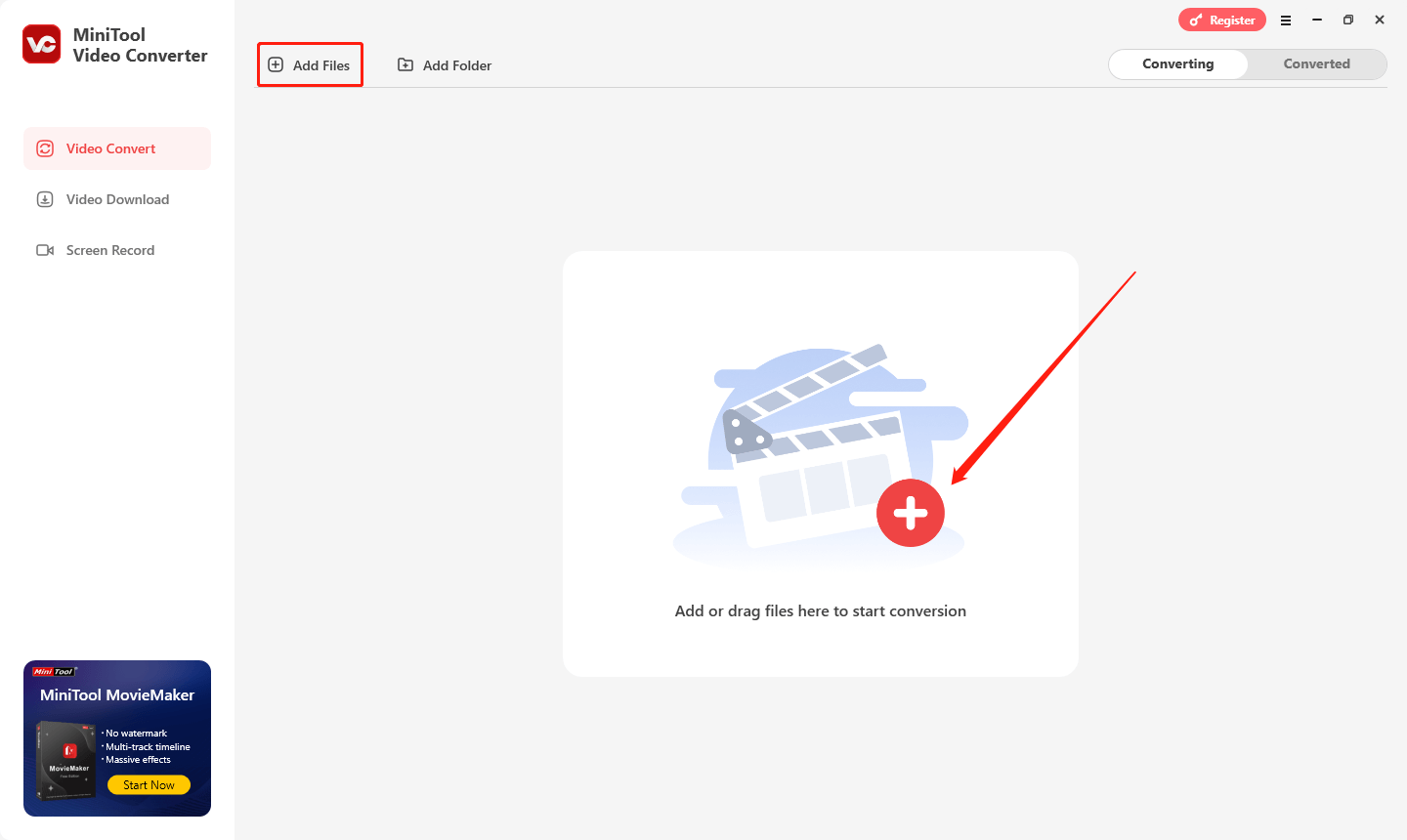 klicken Sie in MiniTool Video Converter auf „Dateien hinzufügen“ oder auf den mittleren Bereich, um Videodateien hinzuzufügen