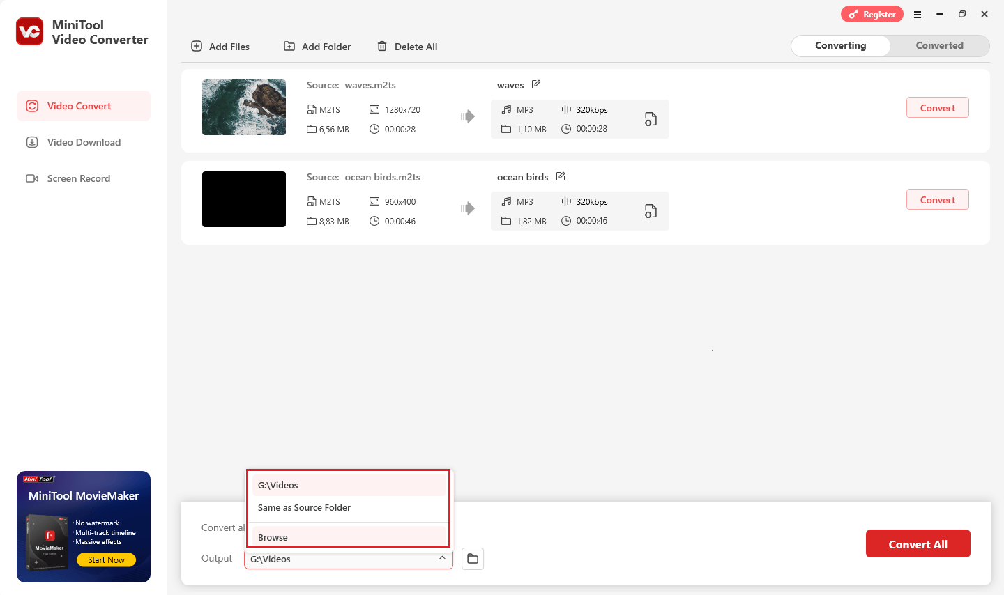 Speicherort für konvertierte Dateien über das Dropdown-Menü „Ausgabe“ auswählen