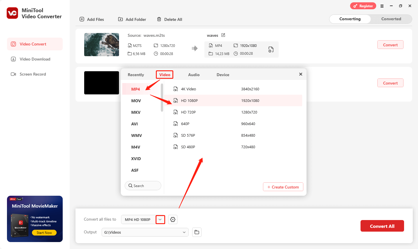 Option „Alle Dateien konvertieren in“ erweitern und darin „MP4“ als Ausgabeformat auswählen