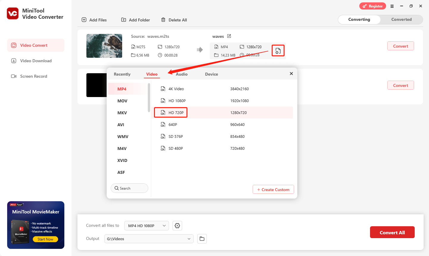 Auf das Bearbeiten-Symbol neben der Datei klicken und MP4 HD 720P auswählen
