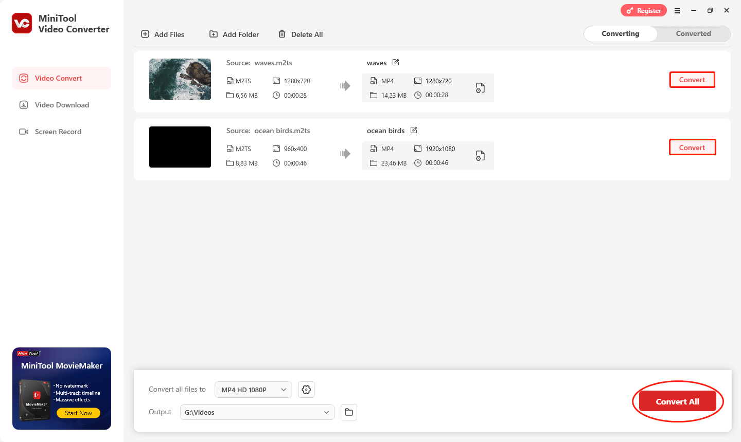 zum Start der Videokonvertierung klicken Sie in MiniTool Video Converter auf „Konvertieren“ oder „Alle konvertieren“