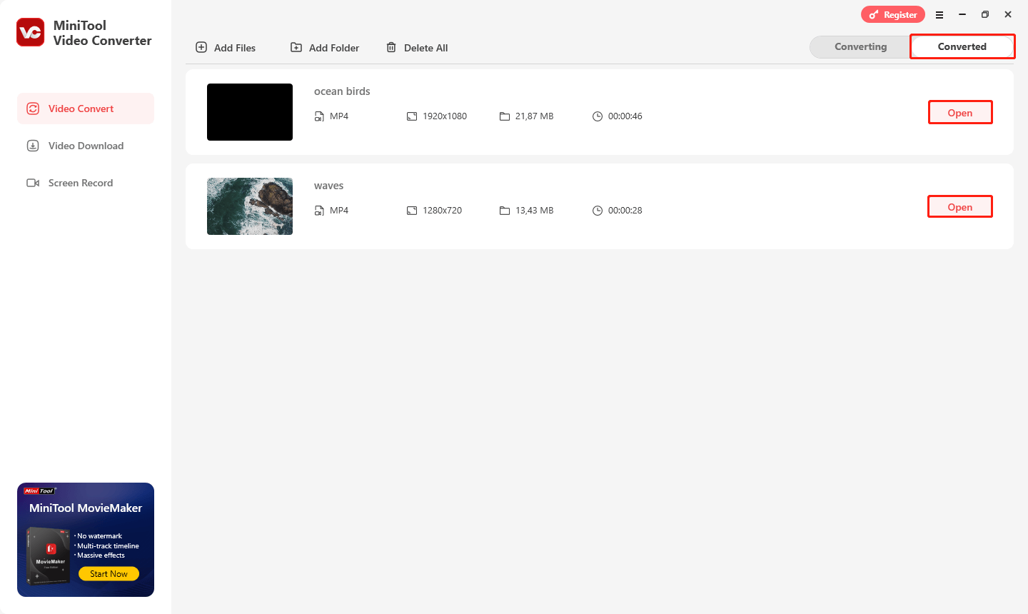 klicken Sie in MiniTool Video Converter auf „Öffnen“, um die konvertierten Videos anzuzeigen und zu überprüfen