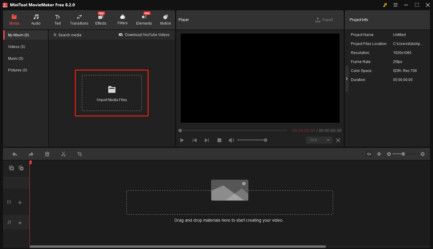 MiniTool MovieMakerで「Import Media Files」エリアをクリックして、対象のMKVファイルをインポートする