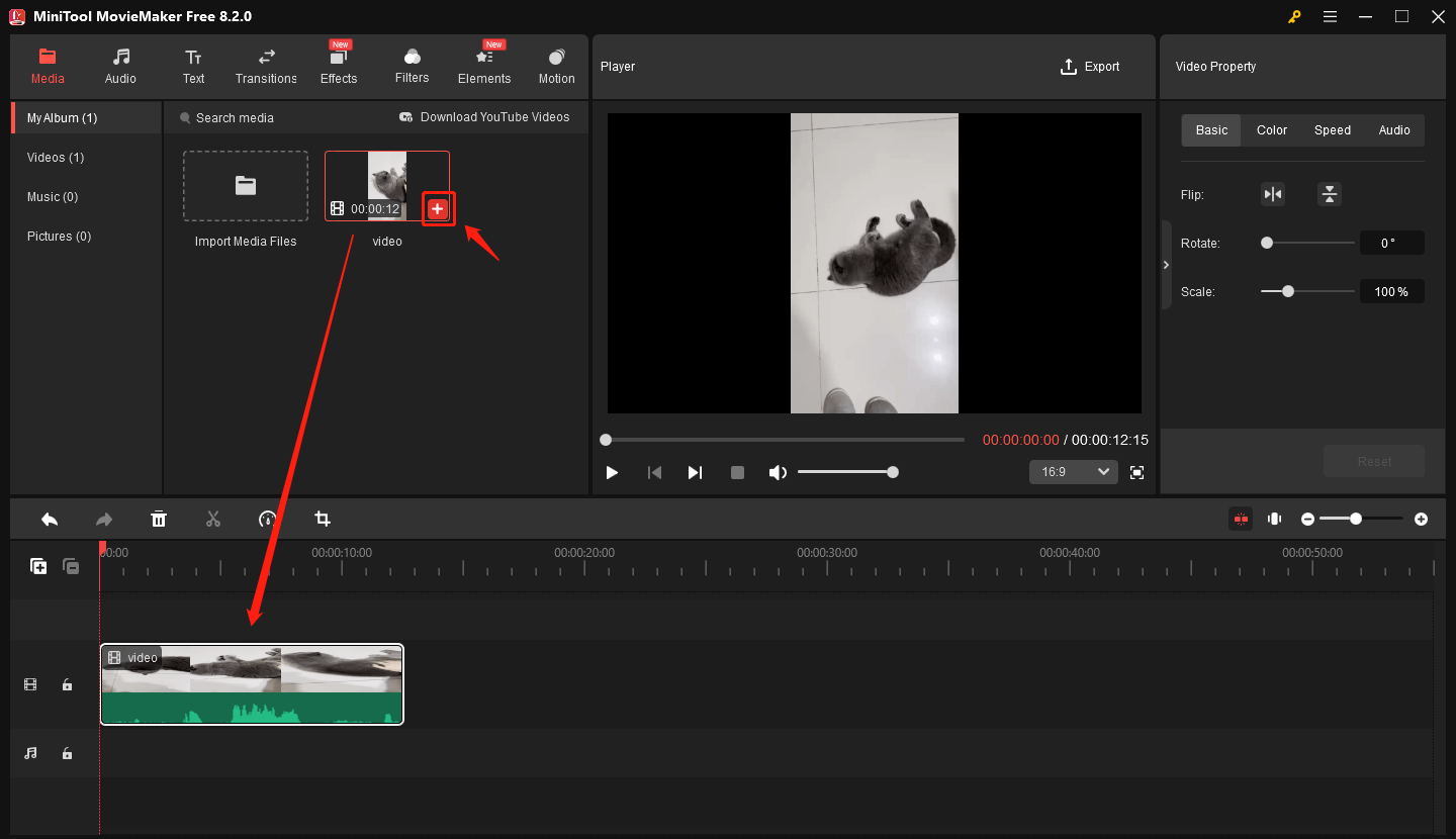 MiniTool MovieMakerで「+」アイコンをクリックするか、直接にタイムラインにファイルドラッグ&ドロップする