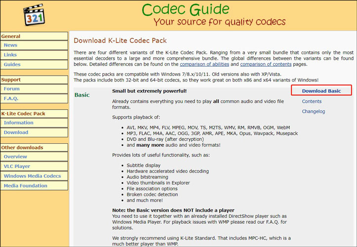 K-Lite Codec Packの公式Webサイトで「Download Basic」を選択する