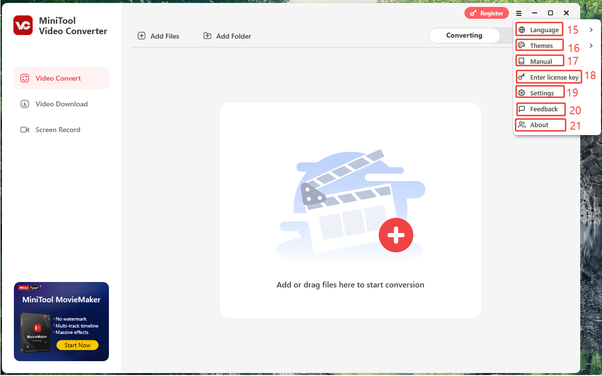The components of the Menu in MiniTool Video Converter