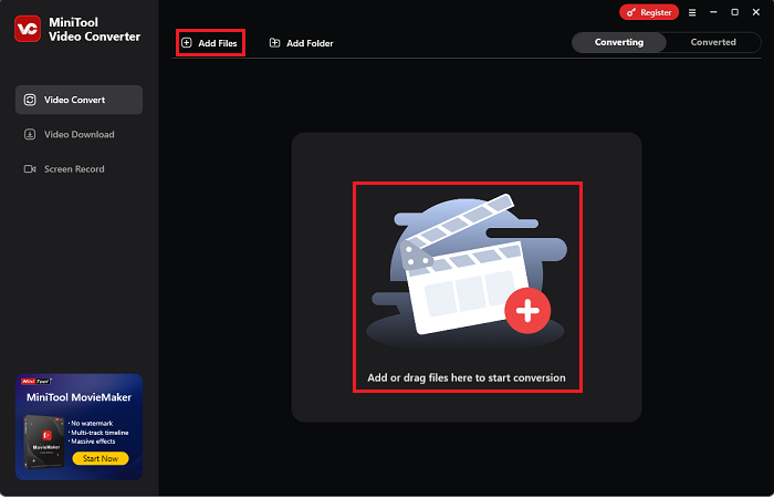 Click the Add Files button to import the VOB file in MiniTool Video Converter