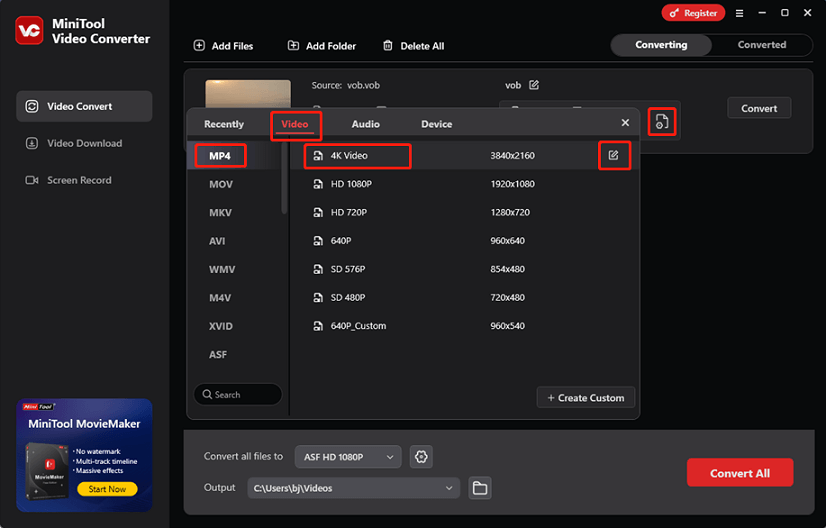 Choose MP4 as the output format in MiniTool Video Converter for format conversion
