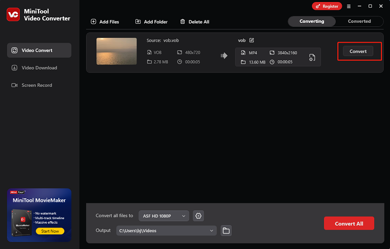 Click Convert to start converting VOB to a TV-compatible format in MiniTool Video Converter