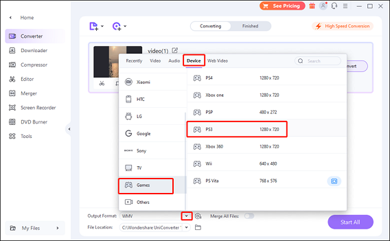 Select PS3 as the output format in Wondershare UniConverter for format conversion